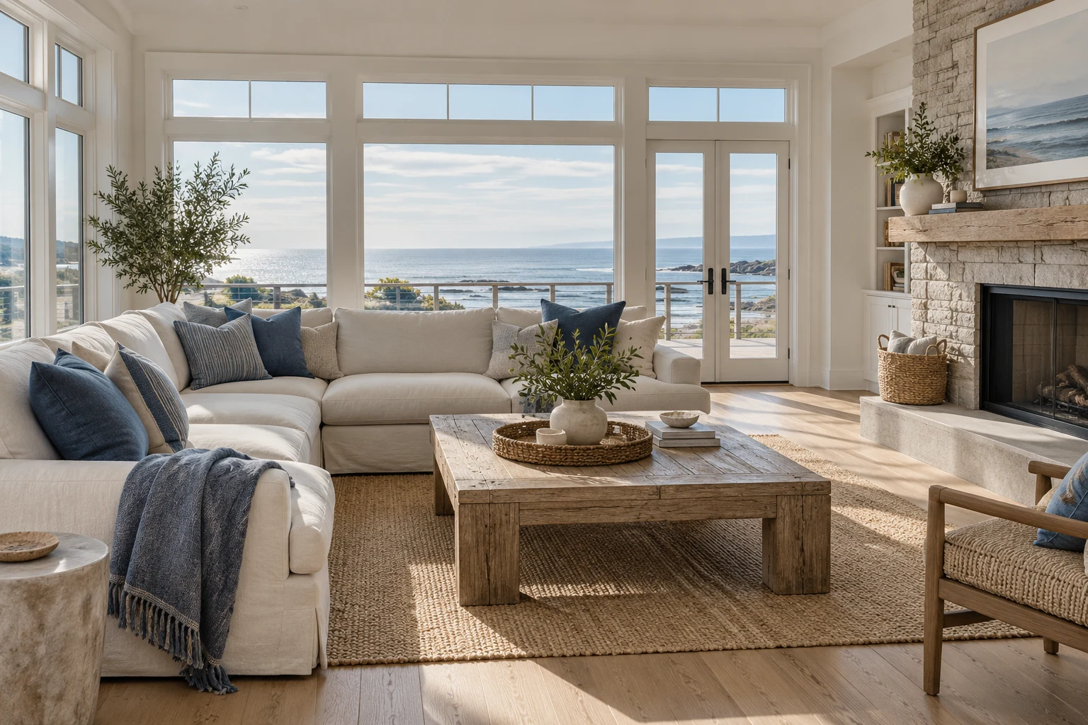 Sunlit living room with a linen sofa, oak furniture and freshly cleaned floors